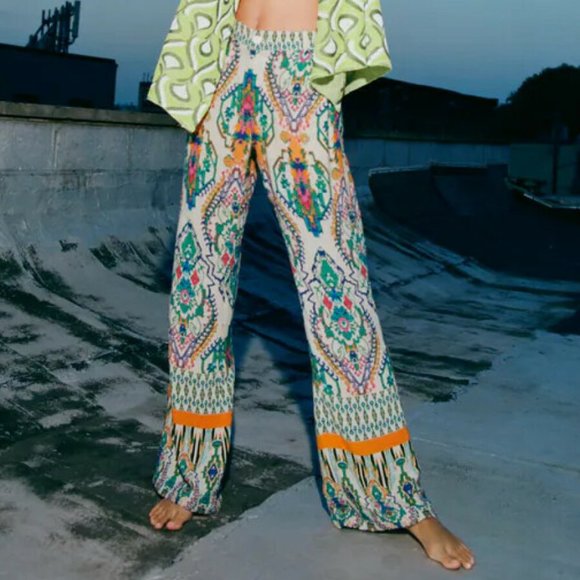 ZARA Boho Printed Flared Wide Leg High Waisted Trousers Pants NWT RRP$109 - Picture 3 of 16